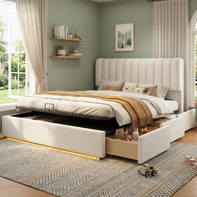 Image de Lit hydraulique rembourré 140x200 cm avec espace de rangement, lit pour enfant/adolescent avec revêtement en similicuir et tiroirs, lit en bois double avec sommier à lattes, en velours, couleur beige