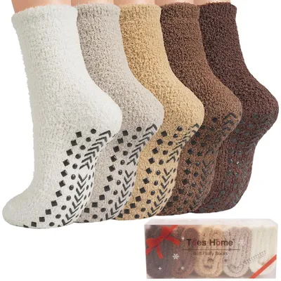 Produktbild von Stoppersocken Damen 5 Paar Braun 36-42 Winter Haussocken Kuschelsocken mit Anti-Rutsch Noppen