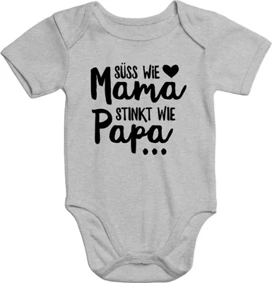 Produktbild von Kurzarm Baby-Body mit Aufdruck Süß wie Mama Stinkt wie Papa Spruch lustig Baumwolle Moonworks® grau 6-12 Monate