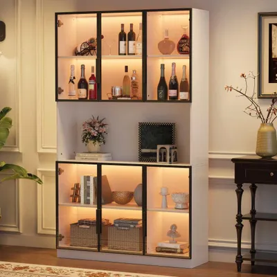 Produktbild von Vitrine 120x34x200cm LED Standvitrine Glas Hochschrank 6 Türen Wohnzimmer Weiß Schrank