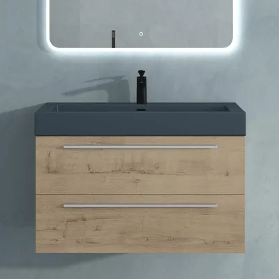 Produktbild von Mai & Mai Badmöbelset Komplett Set Waschbeckenunterschrank 90cm Unterschrank in Eiche Greige mit Waschschbecken aus Mineralguss Quadratto