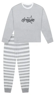 Produktbild von Schiesser Nightwear Schlafanzug Shirt mit Schriftzug, Gestreifte lange Hose, Weicher Baumwoll-Jersey grau 176
