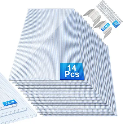 Produktbild von Jopassy Polycarbonat Hohlkammerstegplatten 4mm Stärke Doppelstegplatte Gewächshausplatte14x Polycarbonat Hohlkammerstegplatten 4mm,10,25 m² Doppelstegplatte - 1210x605,50x Klammern + 50x Z-Clips,Stegplatte Gewächshausplatte UV-beständigen Für Gewächshaus Gartenbau