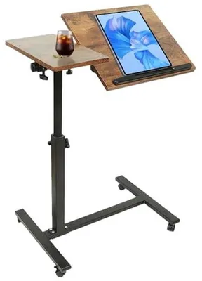 Image de Table d'appoint en forme de C, réglable en hauteur, idéale pour le salon, le lit ou pour utiliser avec un ordinateur portable, équipée de roulettes