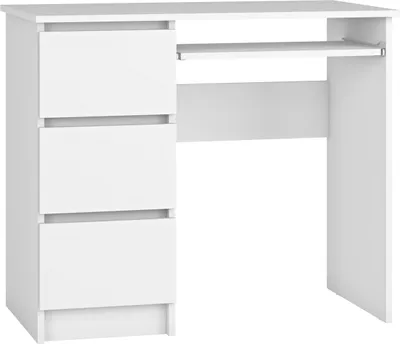 A white desk with drawers and a keyboard tray.