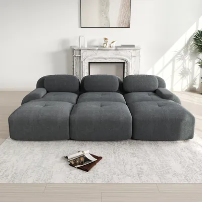 Produktbild von Modulares 3-Sitzer-Sofa aus Cordstoff, rahmenlos,montagefrei, haustierfreundlich,mit 3 Hockern,ultra-breiten Armlehnen, 32D hochelastischer Polsterung