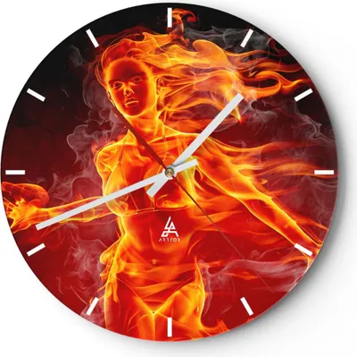 Produktbild von Wanduhr - Rund - Glasuhr - Frau Flammen Illustration - 30x30cm - Schleichendes Uhrwerk - Lautlos - zum Aufhängen bereit - Dekoration Modern - Wanddekoration aus Glas - C3AR30x30-0222