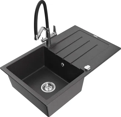 Produktbild von Mexen Bruno 1 Becken-Granitspüle mit Abtropffläche und Mischbatterie Duo, Schwarz gesprenkelt - 6513-76-671701-07