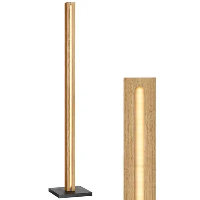 A tall, slender wooden lamp with an integrated LED light strip, shown against a white background. A close-up of the lamp's illuminated section is also visible.
