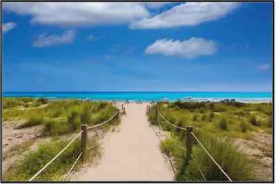 Produktbild von Wallario Wandbild Sandweg zum blauen Meer mit blauem Himmel, Größe: 61 x 91,50 cm, Poster mit schwarzem Aluminiumrahmen