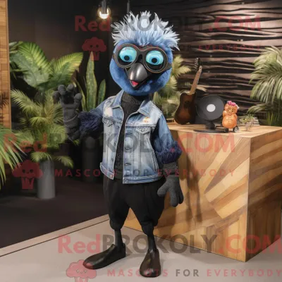 Produktbild von Schwarzer REDBROKOLY Pfau Maskottchen Kostüm Charakter gekleidet mit einem Jeanshemd und Sonnenbrille