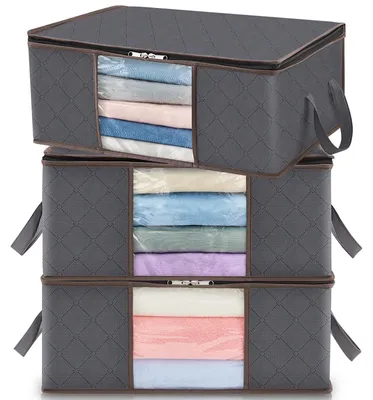 Image de Boîte de rangement sous lit sac de rangement organiseur de vêtements - Fenêtre transparente - 35 litres - Gris - Lot de 3