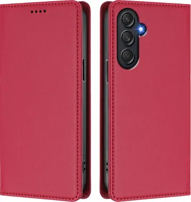 Produktbild von Handyhülle für Samsung Galaxy M55, Kunstleder Klapphülle Stoßfeste Magnetische Hülle mit Ständer Rot