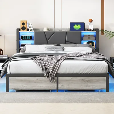 Produktbild von CDGlobal Metallbett Doppelbett 160x200cm mit USB, Jugendbett mit LED, Polsterbett Stauraumbett mit 2 Schubladen und Aufklappbarem Kopfteil, PU