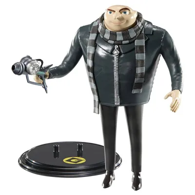 A toy figure of Gru from Despicable Me, holding a ray gun and standing on a display base.