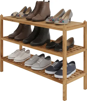 Obrázok produktu pre Relaxdays Regál na topánky z orechového dreva, 9 párov topánok, 3 police na topánky, VxŠxH: 46 x 69 x 26 cm, stohovateľný regál na topánky, prírodná farba