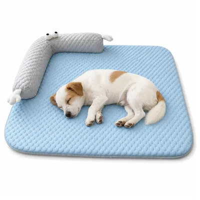 Produktbild von Kühlbett für Katzen und kleine Hunde 55x40cm 5-Schicht Kühlfunktion U-Kissen rutschfeste Unterseite waschbar blau