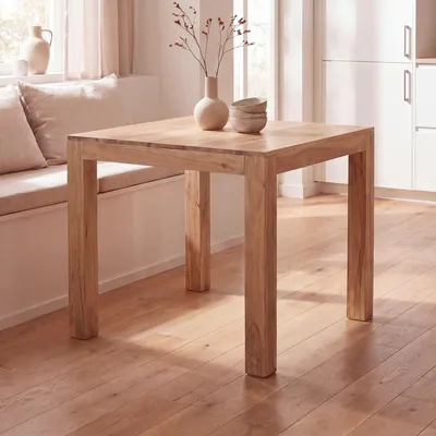 Immagine prodotto di FineBuy Tavolo da pranzo in legno massiccio di acacia 80 x 76 x 80 cm Tavolo da cucina di design | Tavolo quadrato Sala da pranzo in stile country