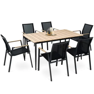 A dining set with a table and six chairs on a white background.