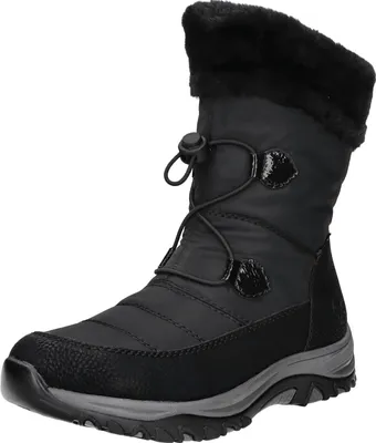 A black winter boot with fur trim and a drawstring closure.