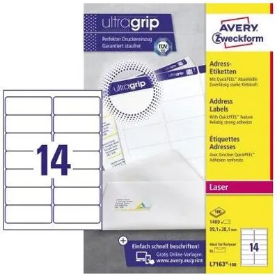 Produktbild von Avery Zweckform L7163-100 Adress-Etiketten, 99,1 x 38,1 mm, 100 Blatt/1.400 Etiketten, weiß