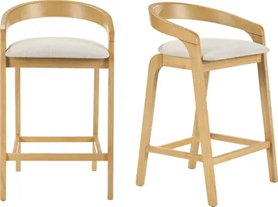 Produktbild von Miliboo - Barhocker aus Stoff in Beige-Samt-Optik und hellem Holz H68 cm (2er-Set) PULSO