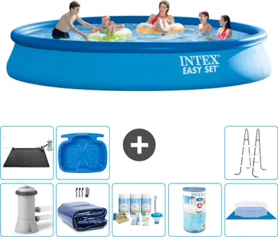 Produktbild von Intex runder aufblasbarer Easy Set-Schwimmpool – 457 x 84 cm – Blau – inklusive Pumpe Sonnensegel - Wartungspaket - Filter - Bodenplane - Solarmatte - Leiter