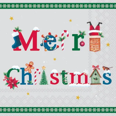 Image de Serviettes de Noël 33 x 33 cm, 3 plis, 20 pièces Merry message greenMix  Merry Christmas Symboles gün