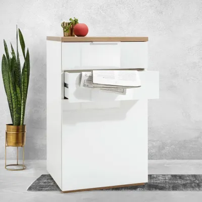 Image de Armoire à tiroirs Blanc Brillant avec 2 tiroirs 1 porte Socle en chêne naturel