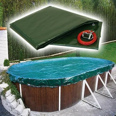 A collage showing a folded green pool cover and a pool cover installed on an oval pool.