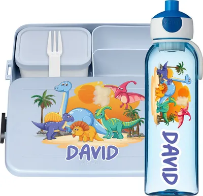Produktbild von Lunchbox Set für Kinder Mädchen zur Schule Personalisiert mit Namen Brotdose Wasserflasche Trinkflasche BPA frei Essen für Unterwegs mit Gabel und Bento Fach To Go Dinosaurs [153]