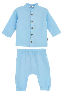 Produktbild von Baby Langarm Set - Größe 74 - blau - 100% Baumwollmusselin - Zweiteiler Baby