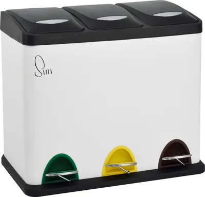 A white three-compartment trash can with black lids and colored pedals.