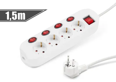 Zdjęcie produktu dla 4-krotna listwa zasilająca – 250 V • 16 A – kabel 1,5 m – gniazda z indywidualnym wyłącznikiem – z uziemieniem • zabezpieczenie przed dziećmi • CEE 7/7 – H05VV-F 3x1,5 mm² – biały [20247B]