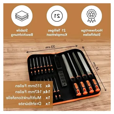Produktbild von Feilenset - [21-teiliges] Feilen Set - Hochwertige Stahl Metallfeilen für Holz, Metall & Kunststoff - Feilensatz mit Kreuzhieb - Schlüsselfeilen - Inkl. Tragetasche, Drahtbürste & 4-in-1 Feile