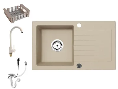 Produktbild von [Granitspüle 76x44 +Spülkorb+ Armatur] Hochwertige beidseitig Montierbare Eckige Granit Spülbeckeninkl.Siphon Set, Farben:Beige