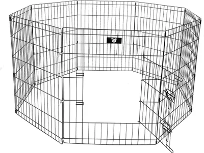An octagonal metal dog playpen is shown against a white background.