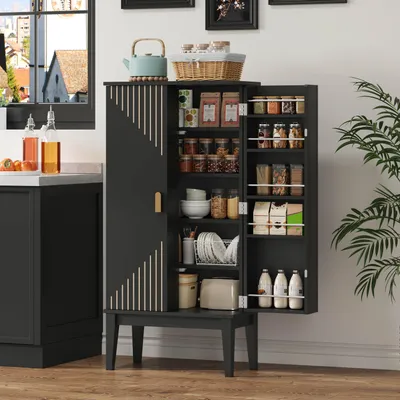 Immagine prodotto di Merax Mobile da cucina Sideboard con 2 ante e 5 ripiani, mobile alto in stile vintage in MDF, mobile contenitore per cucina, sala da pranzo, corridoio, nero