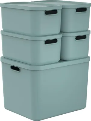 Produktbild von Rotho Aufbewahrungsboxen Set 5tlg. ALBULA light – Kunststoffbox mit Deckel – stapelbar & sicher – 48,9x40,7x71,4 cm – Plastikboxen für Aufbewahrung