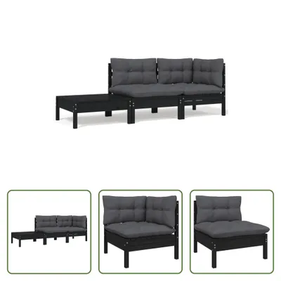 Produktbild von The Living Store 3-tlg. Garten-Lounge-Set mit Kissen Schwarz Kiefer Massivholz