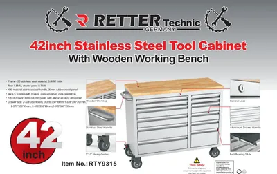 Produktbild von RETTER RS4 Workstation Edelstahl Massivholz 12 Schubladen Werkzeugwagen