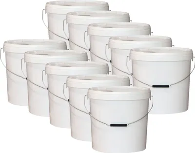 Zdjęcie produktu dla 10 sztuk białych pojemników na miód o pojemności 25 kg, pojemniki z tworzywa sztucznego o pojemności 20 l z pokrywką, bez nadruku, przeznaczone do kontaktu z żywnością, z metalowym uchwytem