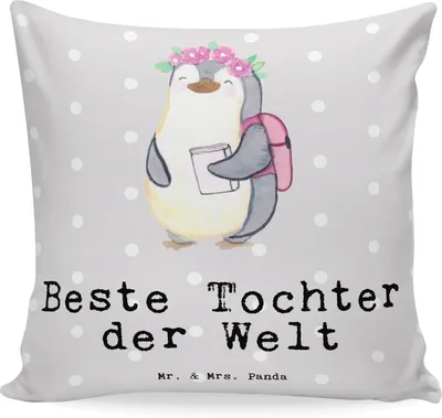 Produktbild von Mr. & Mrs. Panda Sofakissen Pinguin Beste Tochter der Welt - Grau Pastell - Geschenk, Kuschel Kissen, Geschenkidee, Geburt, Mutter, Familie, Zierkissen, Dankeschön, Vater