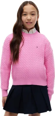 Produktbild von Tommy Hilfiger Mädchen Pullover Cable Sweater Zopfstrickmuster, Schwarz (Pink Daisy), 3 Jahre