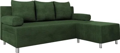 A green sectional sofa with corduroy texture is shown against a white background.