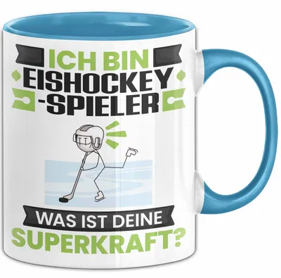 Produktbild von Eishockeyspieler Tasse Geschenk für Eishockeyspieler Geburtstag Lustiger Spruch Kaffee-Becher Was Ist Deine Superkraft (Blau)