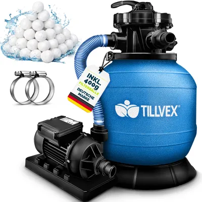 Immagine prodotto di tillvex® sistema di filtraggio a sabbia per piscina 7.900L/h incl. sfere filtranti da 400g blu | sistema di filtraggio valvola a 7 vie & adattatore 2in1 Ø32mm - 38mm | filtro per piscina con indicatore di pressione | filtro a sabbia per piscine