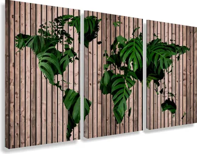 Produktbild von Leinwandbild Triptychon für Wohnzimmer – Holzkarte mit Monstera-Blättern 60x120 cm