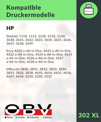 A product information graphic listing compatible printer models for an HP 302XL ink cartridge.
