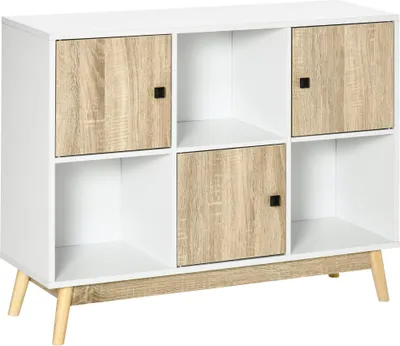 Image de HOMCOM Buffet salon, meuble de rangement 9 cubes avec 3 portes et 3 compartiments ouverts, pieds en bois de pin, style moderne, buffet salle à manger, cuisine et salon, 96 x 30 x 75 cm, blanc, naturel
